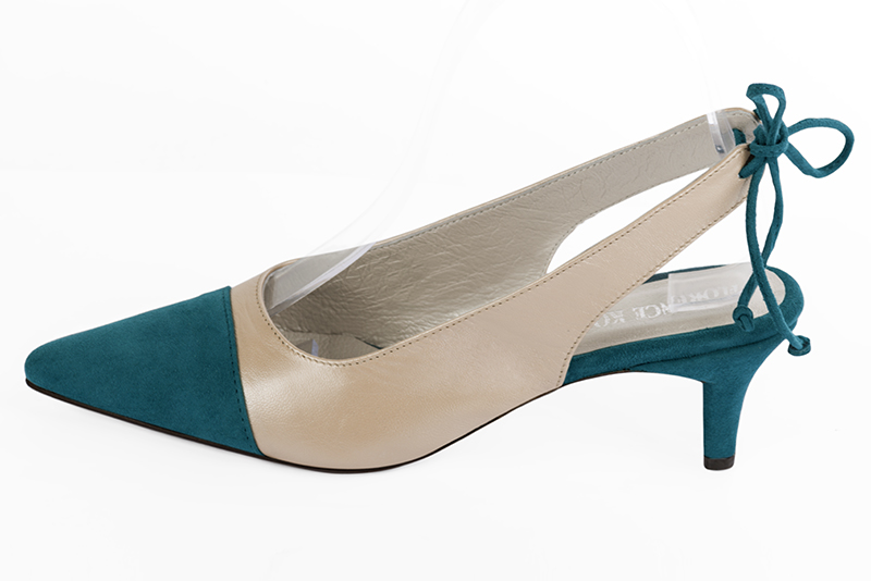 Peacock blue and gold women's slingback shoes. Pointed toe. Medium slim heel. Profile view - Florence KOOIJMAN